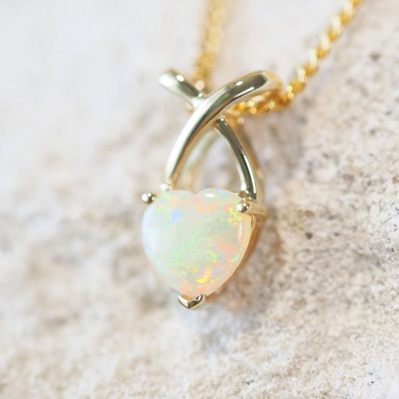 colourful heart shaped white opal gold pendanrt