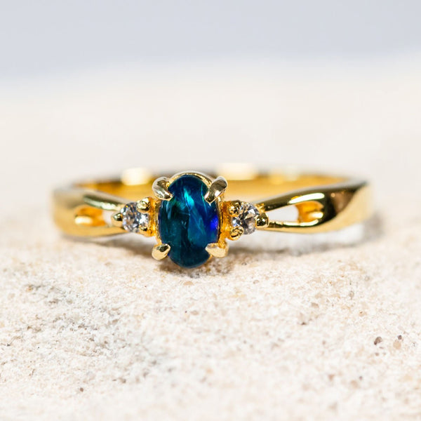 'Alana' Gold Plated Silver Australian Triplet Opal Ring - Black Star Opal