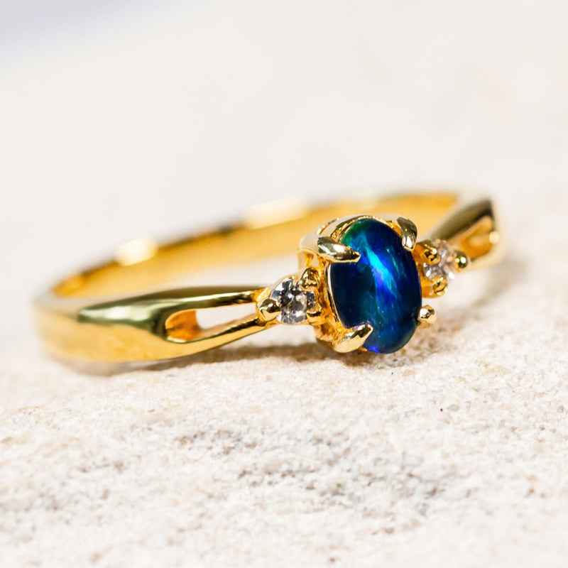 'Alana' Gold Plated Silver Australian Triplet Opal Ring - Black Star Opal