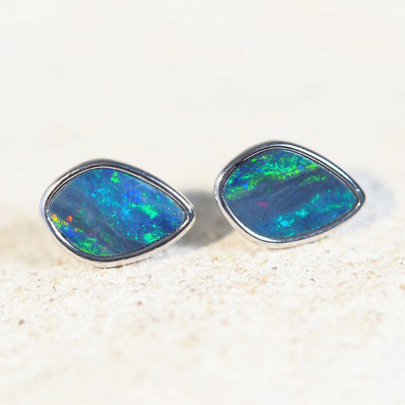 green and blue australian opal earrings set in sterling silver