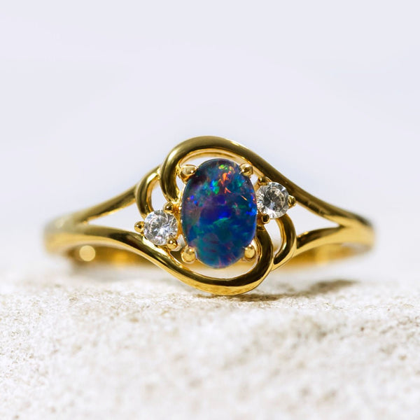 'Alenka' Gold Plated Silver Australian Triplet Opal Ring - Black Star Opal