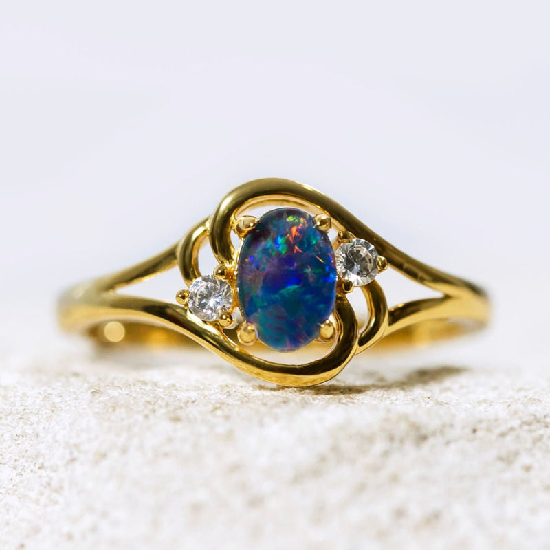 'Alenka' Gold Plated Silver Australian Triplet Opal Ring - Black Star Opal