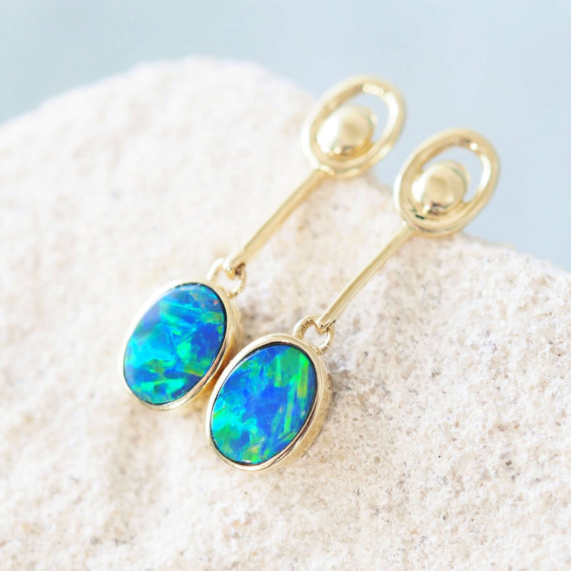 bright green and blue drop opal gold earrings