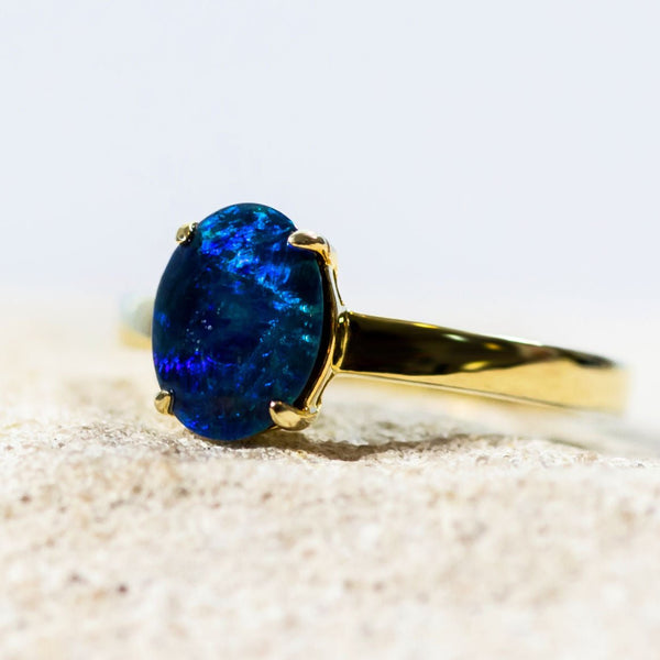 'Alina' Gold Plated Silver Australian Triplet Opal Ring - Black Star Opal