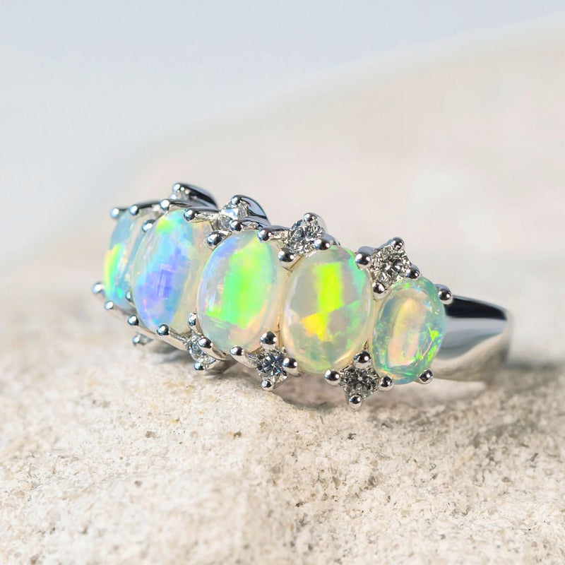 'Aline' White Gold Australian Crystal Opal Ring - Black Star Opal