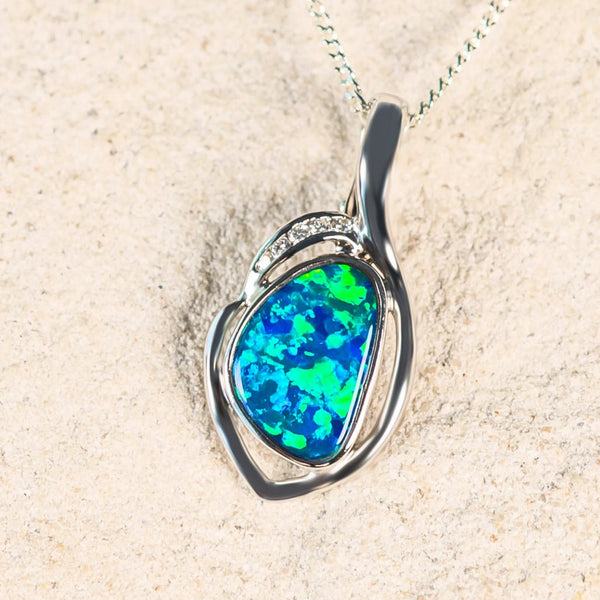 'Amaya' White Gold Doublet Opal Necklace Pendant - Black Star Opal