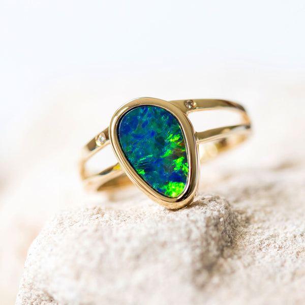 'Amelia' Gold Australian Doublet Opal Ring - Black Star Opal