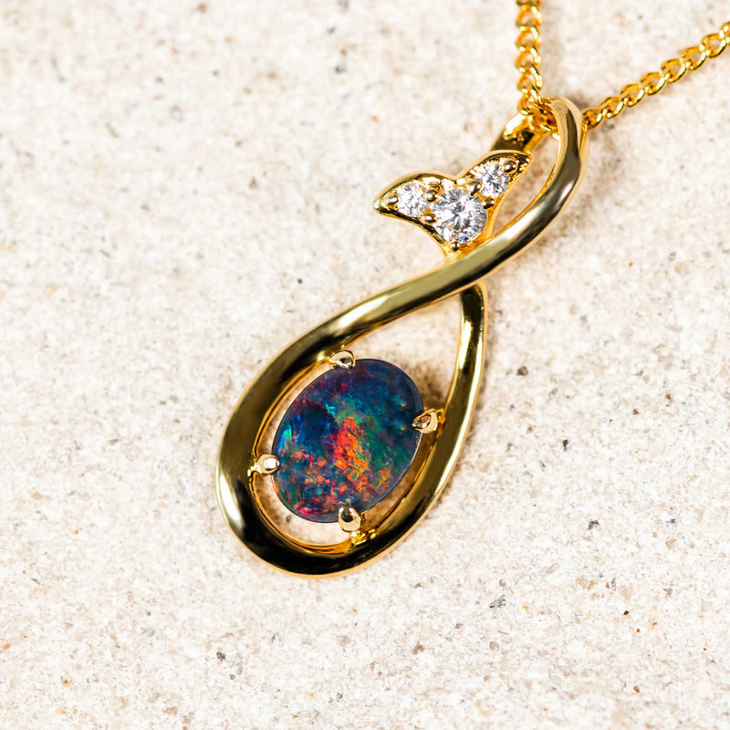 'Amias' Gold Plated Silver Australian Triplet Opal Necklace Pendant - Black Star Opal