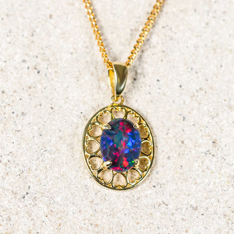 'Amore' Gold Plated Silver Australian Triplet Opal Necklace Pendant - Black Star Opal