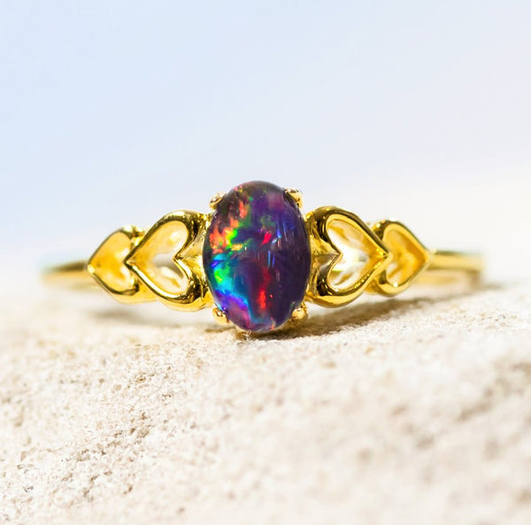 'Amore' Gold Plated Silver Australian Triplet Opal Ring - Black Star Opal