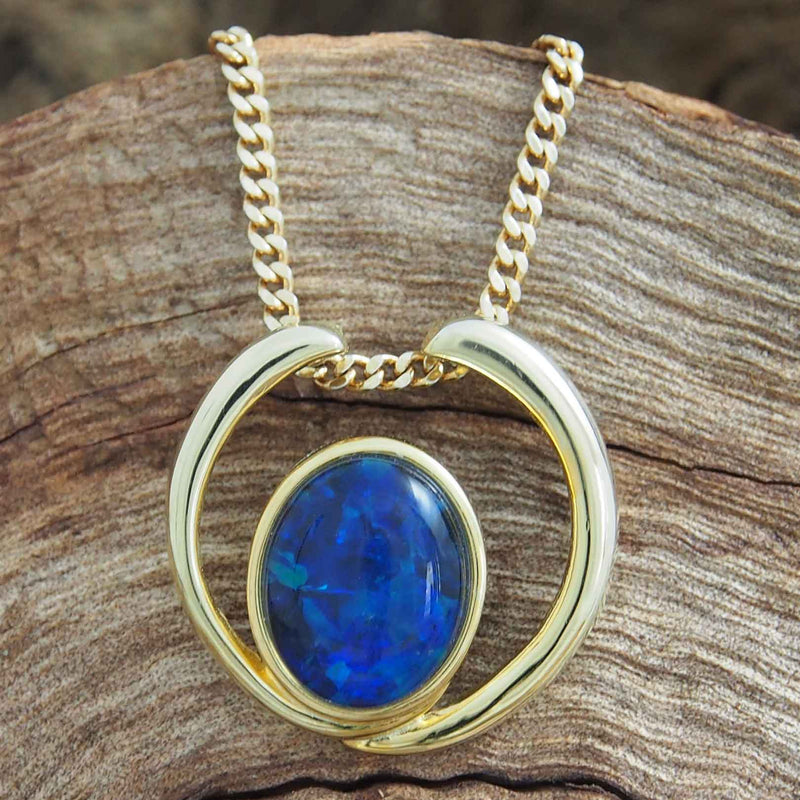 'Ballerina' Gold Plated Silver Australian Triplet Opal Necklace Pendant - Black Star Opal