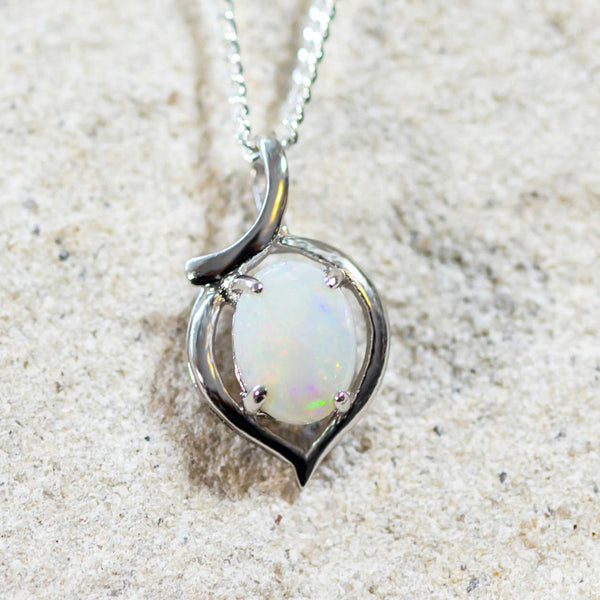 'Bianca' Silver Australian White Opal Necklace Pendant - Black Star Opal