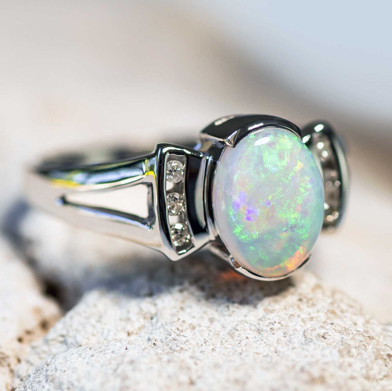 'Bijoux' White Gold Australian Crystal Opal Ring - Black Star Opal