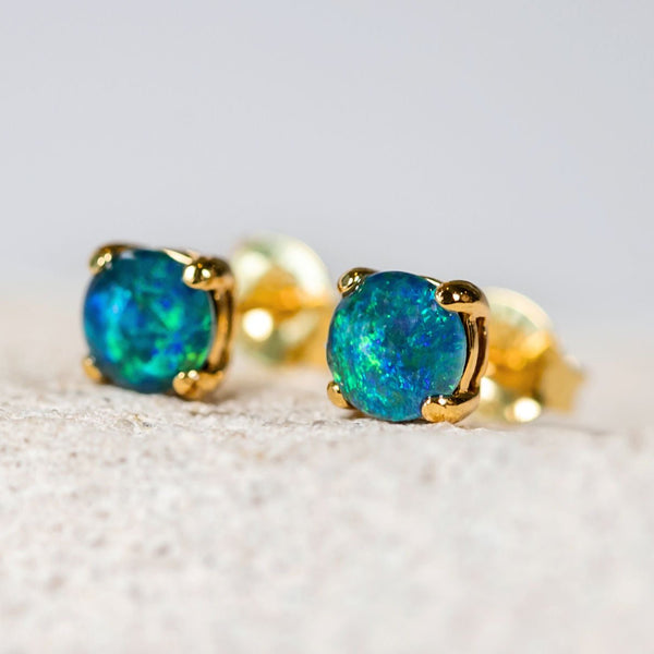 'Celia' Gold Plated Silver Australian Triplet Opal Earrings - Black Star Opal