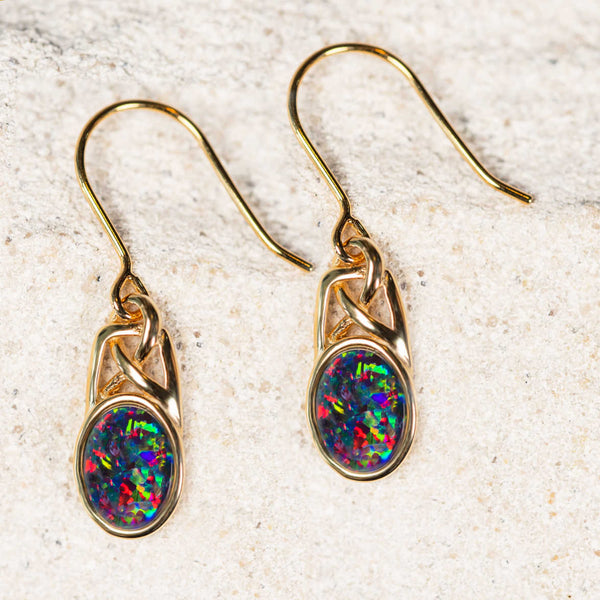 'Celtic Dreaming’ Gold Plated Silver Australian Triplet Opal Earrings - Black Star Opal