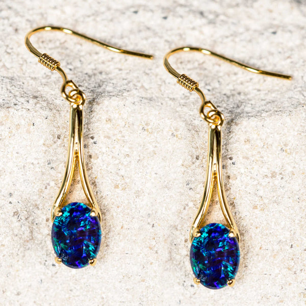 ‘Chandelier’ Gold Plated Silver Australian Triplet Opal Earrings - Black Star Opal