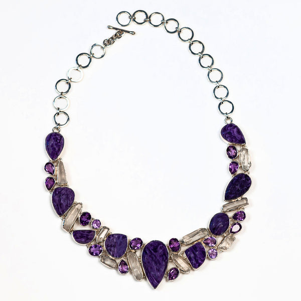 charoite, quartz crystal and amethyst silver gemstone necklet