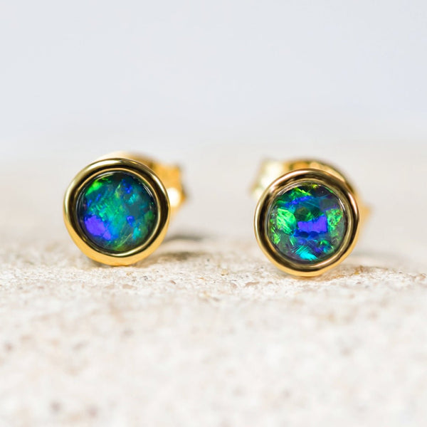 'Classic' Gold Plated Silver Australian Triplet Opal Earrings - Black Star Opal