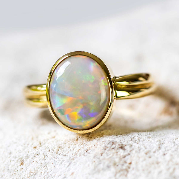 'Colour Play' Gold Australian Opal Ring - Black Star Opal