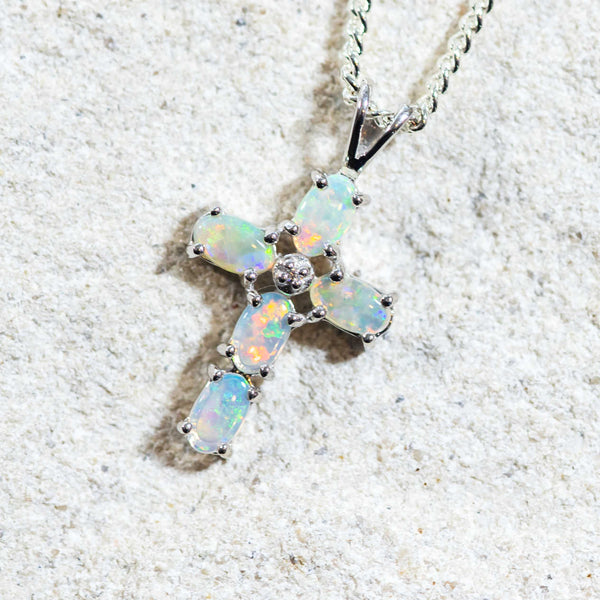 'Cross' Silver Australian Crystal Opal Necklace Pendant - Black Star Opal