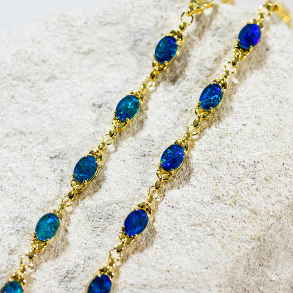 'Daisy Chain' Gold Plated Silver Australian Triplet Opal Bracelet - Black Star Opal