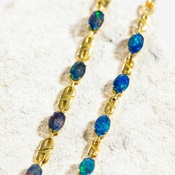 'Double Link' Gold Plated Silver Australian Triplet Opal Bracelet - Black Star Opal