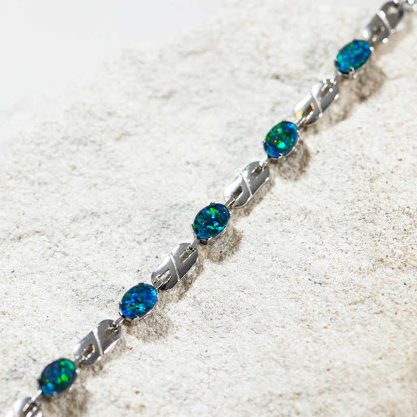 'Double Link' Silver Australian Triplet Opal Bracelet - Black Star Opal