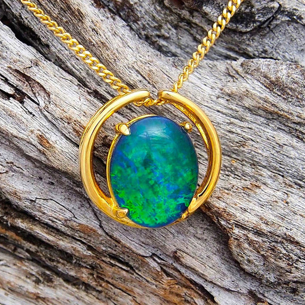 'Elana' Gold Plated Silver Australian Triplet Opal Necklace Pendant - Black Star Opal