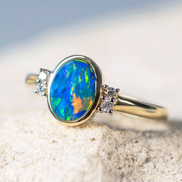 'Eline' Gold Australian Doublet Opal Ring - Black Star Opal