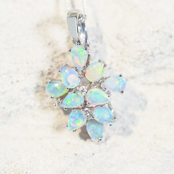 colourful australian opal pendant in 18ct white gold