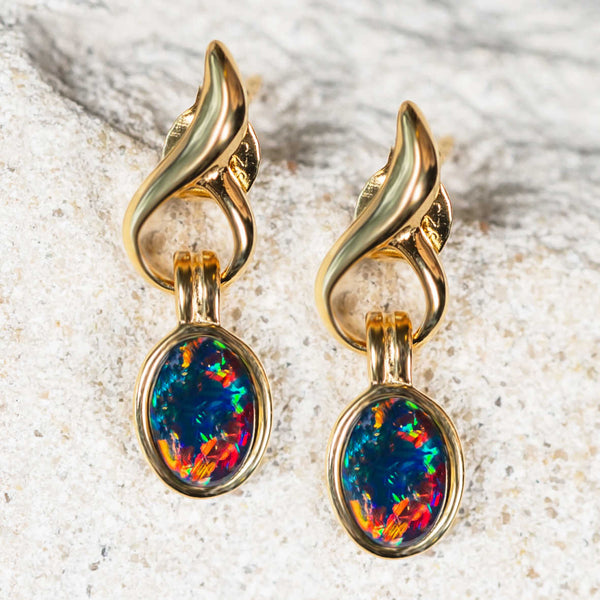 'Flame' Gold Plated Silver Australian Triplet Opal Earrings - Black Star Opal