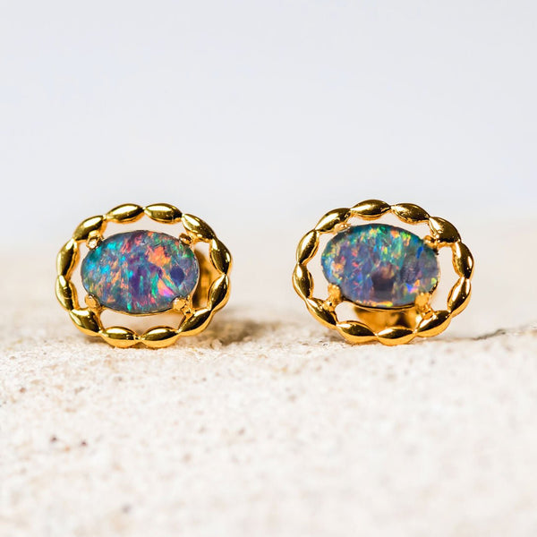 'Harley' Gold Plated Silver Australian Triplet Opal Earrings - Black Star Opal