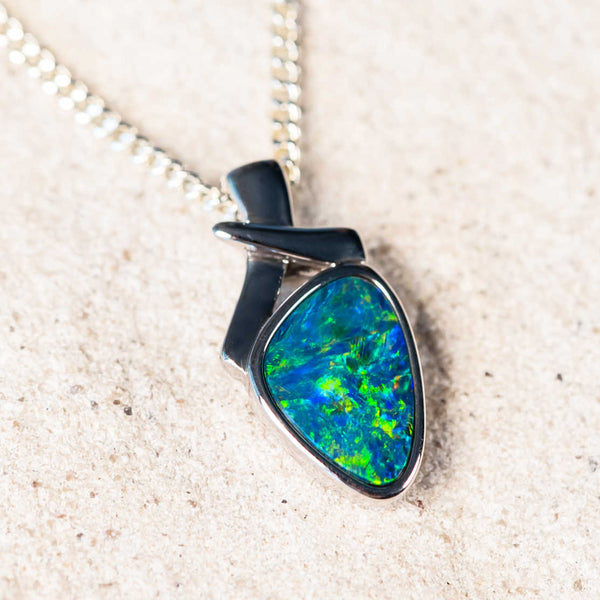 'Harper' Silver Australian Doublet Opal Necklace Pendant - Black Star Opal