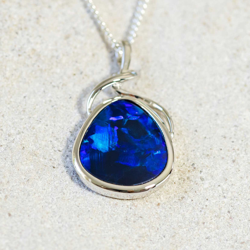 'Indigo' White Gold Australian Doublet Opal Necklace Pendant - Black Star Opal