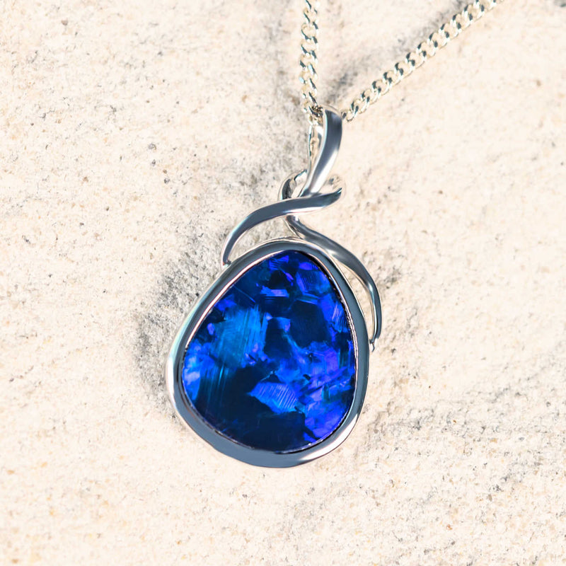 'Indigo' White Gold Doublet Opal Necklace Pendant - Black Star Opal