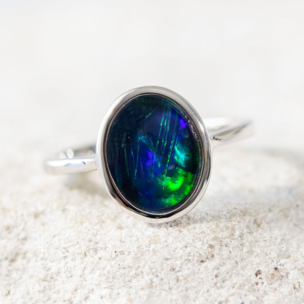 'Irena' White Gold Australian Triplet Opal Ring - Black Star Opal