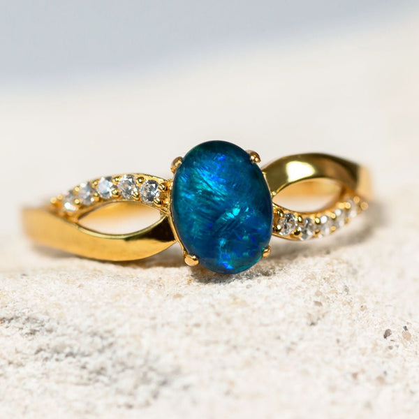 'Kaia' Gold Plated Silver Australian Triplet Opal Ring - Black Star Opal