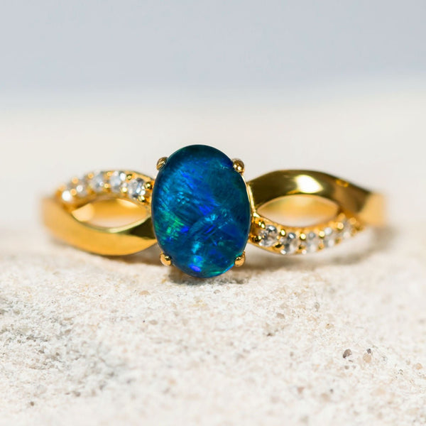 'Kaia' Gold Plated Silver Australian Triplet Opal Ring - Black Star Opal