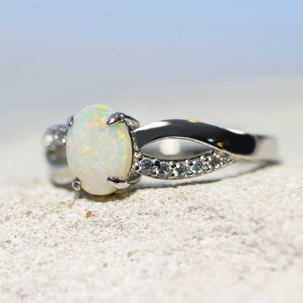 'Kaia' Silver Australian Crystal Opal Ring - Black Star Opal