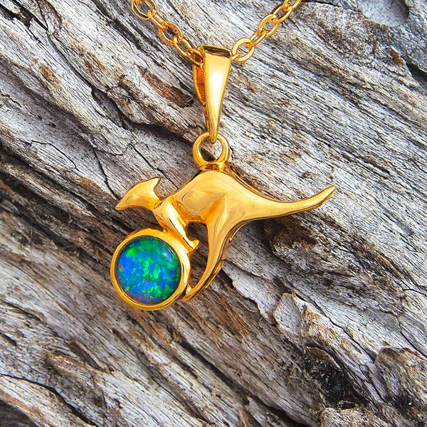 'Kangaroo' Gold Plated Silver Australian Triplet Opal Necklace Pendant - Black Star Opal