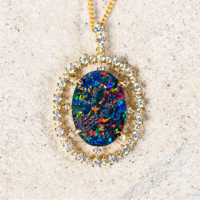 'Kassia' Gold Plated Silver Australian Triplet Opal Necklace Pendant - Black Star Opal