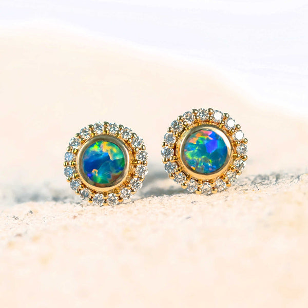 'Kayla' Gold Australian Doublet Opal Earrings - Black Star Opal