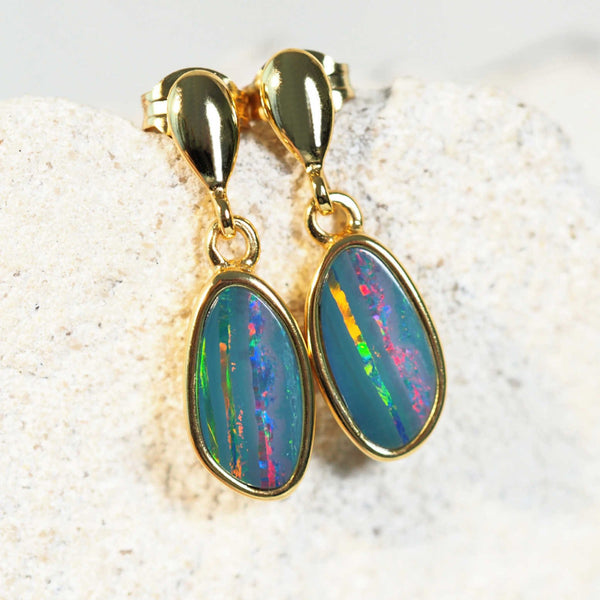 colourfully striped australian doublet opal earrings set in gold plated silver