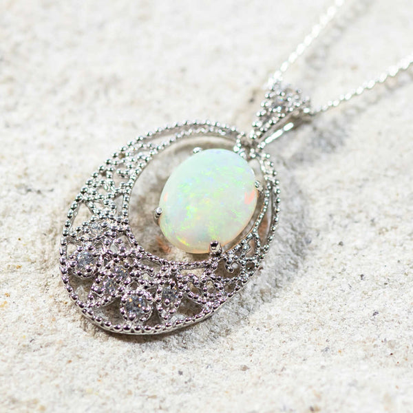 'Lace' Silver Australian White Opal Necklace Pendant - Black Star Opal