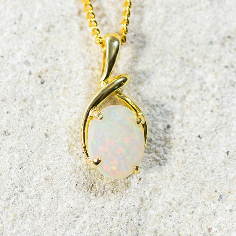 'Lucy' Gold Plated Silver Australian White Opal Necklace Pendant - Black Star Opal