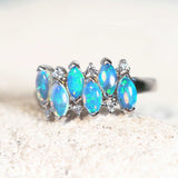 blue and green crystal opal ring in 14ct white gold