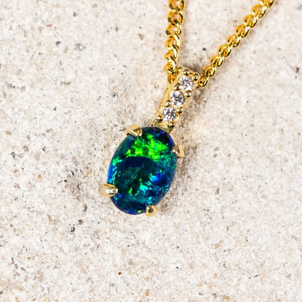 'Moana' Gold Plated Silver Australian Triplet Opal Necklace Pendant - Black Star Opal