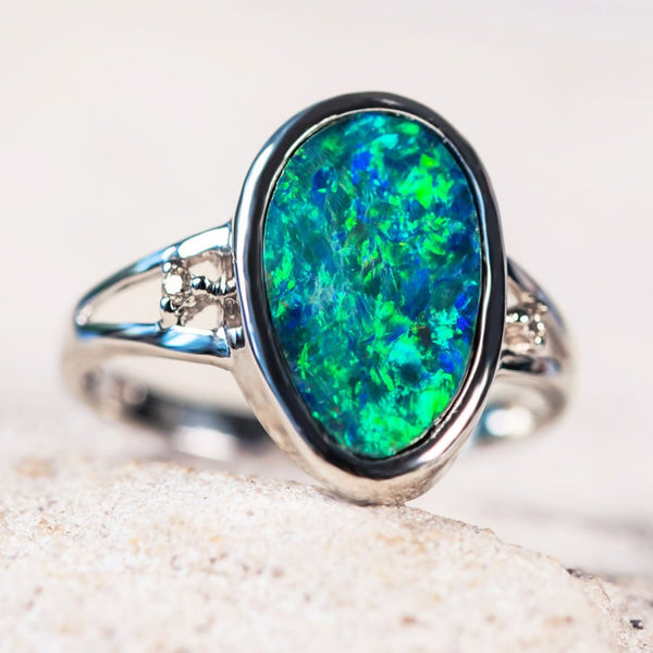 'Nala' White Gold Australian Doublet Opal Ring - Black Star Opal