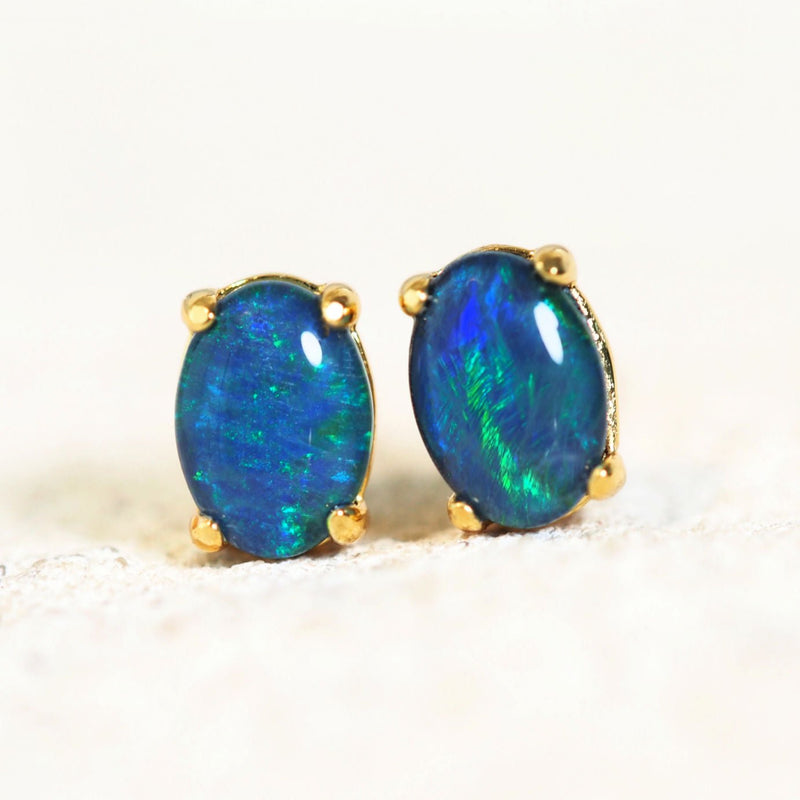 green and blue elegant triplet opal earrings set in gold plated silver