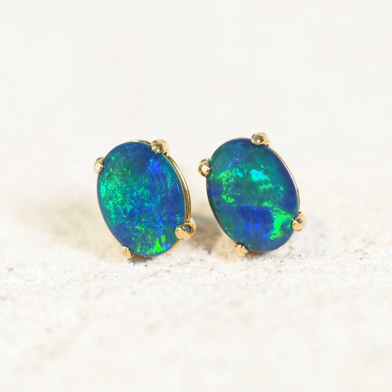 australian triplet opal earrings set in gold plated silver